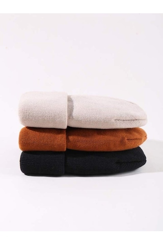 Eke Tekstil Unisex Katlamalı 3'lü Bere Seti Kiremit - Siyah - Taş Siyah - Kiremit