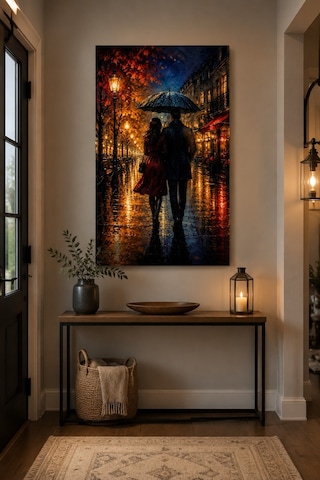 Yağmurlu Sokak Aşkı Baskılı Cam Tablo Romantik Duvar Dekoru