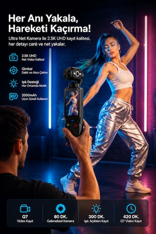 2000mah Q7 2.5k Uhd Akıllı Cep Kamerası 180 Dönebilen Hd Mini Kamera Hafıza Kart Destekli