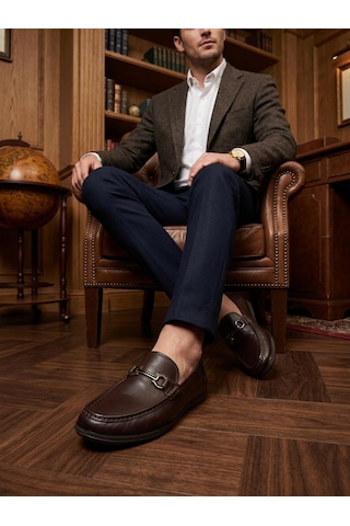 Komcero 6y3546-189 Erkek Hakiki Deri Tokalı Comfort Loafer Ayakkabı Kave