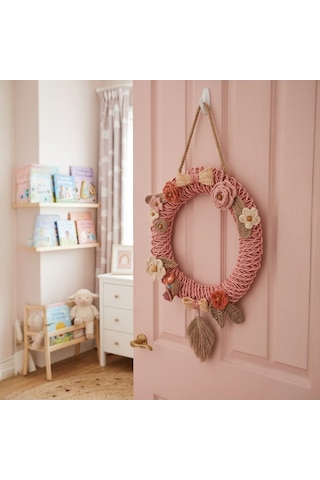 Handanrattan Gül Kurusu El Yapımı Rattan Çelenk - Makrome Yapraklı Vintage Duvar Süsü