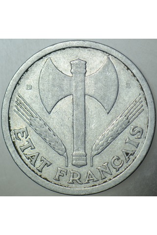 Fransa 2 Frank 1944 B. En Az Çıkan Tarih Ve Harf. Iı. Dünya Savaşı Nazi İşgali.