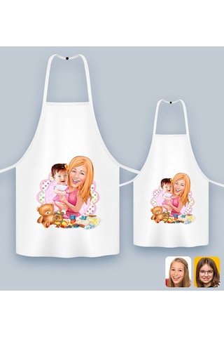 Bk Gift Kişiye Özel İkili Anne Kız Karikatürlü Mutfak Önlüğü Seti-7, Anneye , Anneler Günü leri