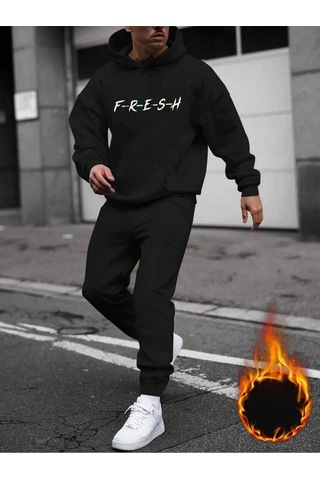 Fresh Eşofman Takımı Sweatshirt Jogger - Siyah Baskılı Şardonlu Kapüşonlu Siyah