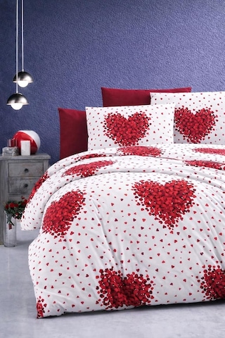 Lüks%80 Pamuklu Çift Kişilik Nevresim Takımı Seti Yorgan Kılıfı Kırmızı Kalp Desen 220x200 Cm + Lastikli Batt Çok Renkli