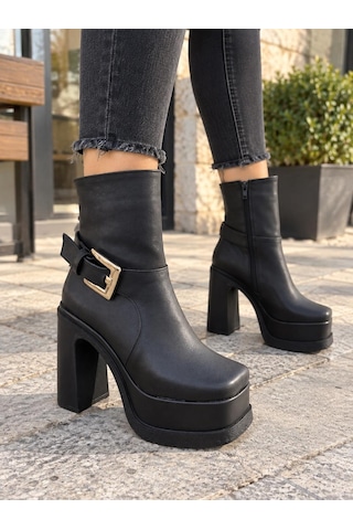 Asmi Shoes Kadın Dona Siyah Tokalı 12 Cm Platform Topuklu Bot 2030