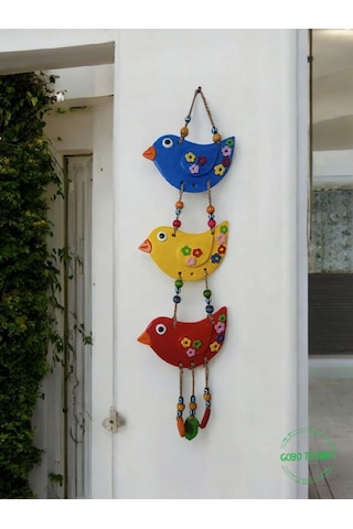 3'lü El Boyaması Dekoratif Kuş Duvar Ve Balkon Süsü Boncuklu Mavi