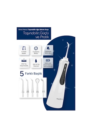 Şarjlı Taşınabilir Ağız Duşu 5 Başlıklı 5 Modlu Ipx7 350 Ml Beyaz