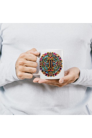 I Harfi Boho Bardak, Renkli Özel Tasarım Hediyelik Harfli Kupa, 330ml Porselen Beyaz