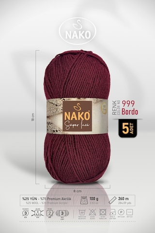 Süper İnci - 999 Bordo - 5'li Paket - 100gr/260m - El Örgü İpi - Atkı Yelek Kazak İpi