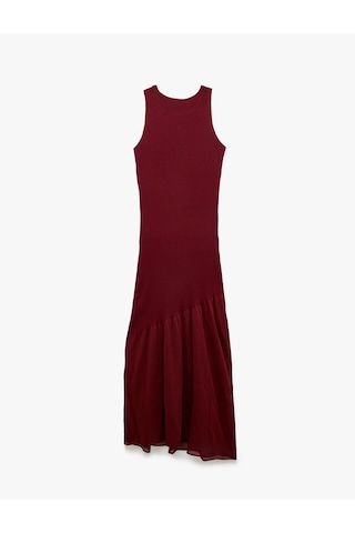 Koton Slim Fit Tül Detaylı Viskon Kolsuz Bisiklet Yaka Uzun Triko Elbise Bordo 7wal80004ht
