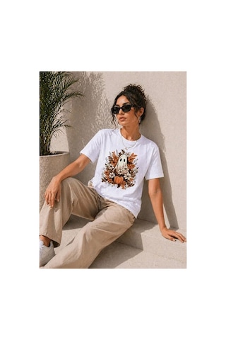 Butik İstanbul Balkabağı Hayalet Baskılı Tişört Kısa Kol Yazlık T-shirt - Beyaz