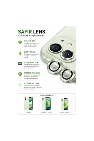 Apple iPhone Uyumlu 11 / 12 / 12 Mini Açık Yeşil Metal Kamera Lens Koruyucu Safir Cam Ultra Net Hd