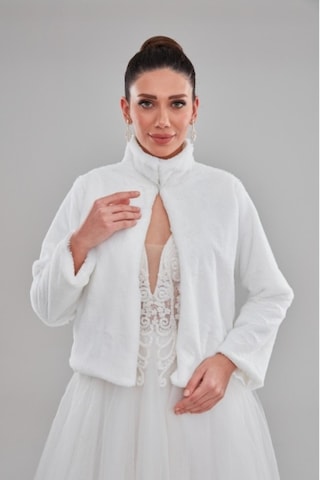 New In Style Dik Yaka Uzun Kol Beyaz Gelin Etol Kürk Bolero Beyaz
