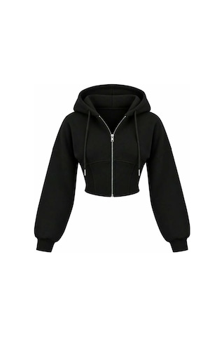 Evoa Kadın Siyah Oversize Kol Kapüşonlu Crop Hırka