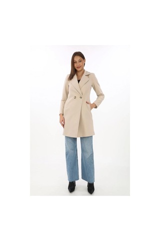 Kadın Kaşe Kaban Siyah Yünlü Dokuma, Kruvaze Yaka, Astarlı, Cepli, Kuşaklı Uzun Boy Tesettür Uyuml Bej