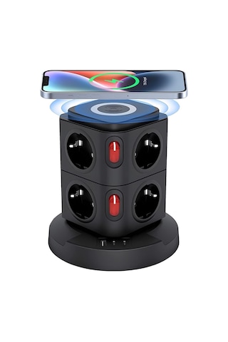 Akım Korumalı 2.4a Kule Priz Kablosuz Şarj İstasyonu 8x Soket 2x Usb Wireless Kablolu Priz Çoğaltıcı