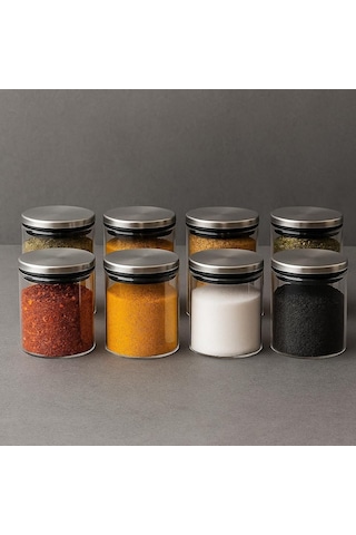 300 Ml 70 Mm X 100 Mm 8 Lı Borosilikat Cam Baharatlık Seti-sızdırmaz Sılıkonlu Metal Kapak Beyaz