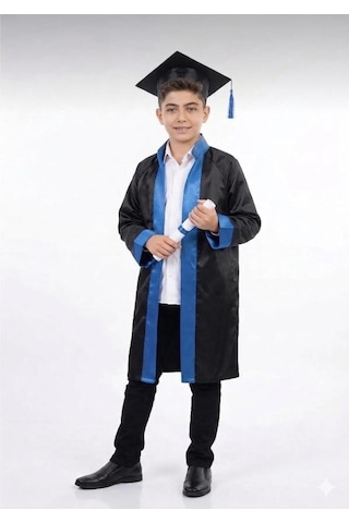 Nacar Store Çocuk Ortaokul Unisex Şeritli Siyah Mezuniyet Cübbesi Ve Kep Takımı Mavi