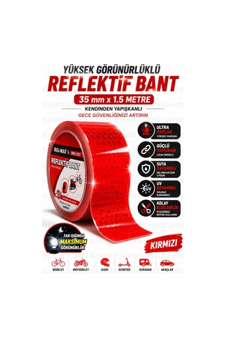 Kırmızı Reflektif Bant 3.5 Cm X 1.5 Metre Kendinden Yapışkanlı Gece Görünürlük Güvenlik Bandı Bisikl