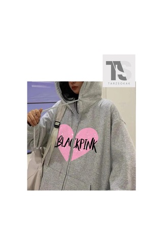 Tarzsokak Blackpink Kalp Sweatshirt Fermuarlı Hırka Siyah