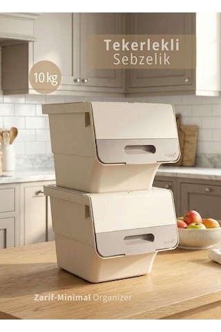 2 Li Krem Tekerlekli Sebzelik Patates Soğan Sepeti Zarif Organizer Patateslik Minimal Soğanlık 24 L Krem