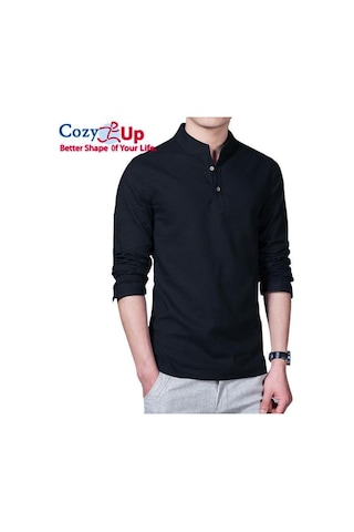 Rahat Up Polo Gömlek Erkekler Moda Uzun Kollu Mandarin Yaka Gömlek Erkek Rahat Keten Gömlek Adam Artı Beyaz Mavi