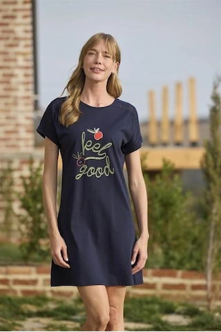 Ang Butik Kadın Meyve Ve Yaprak Baskılı Dantelli "feel Good" Gecelik Lacivert
