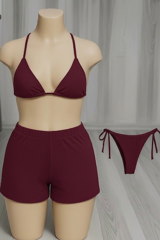 Angbutik Kadın 3'lü Set Bordo Şortlu Ve Yandan Bağlamalı Bikini Mayo Takımı