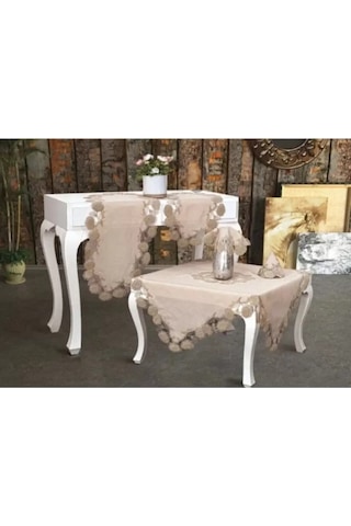 Kapiçino Flowers Model 5 Parça Keten Dantelli Runner Seti Salon Takımı Çok Renkli