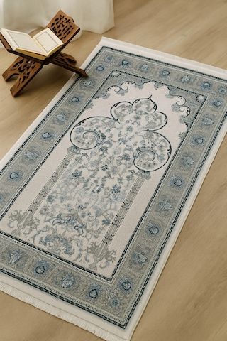 İpek Halı Kalitesinde Seccade 80x125 Cm Yumuşak Viscon İplik, Hediyelik Ve Çeyizlik Namazlık Turkuaz & Krem