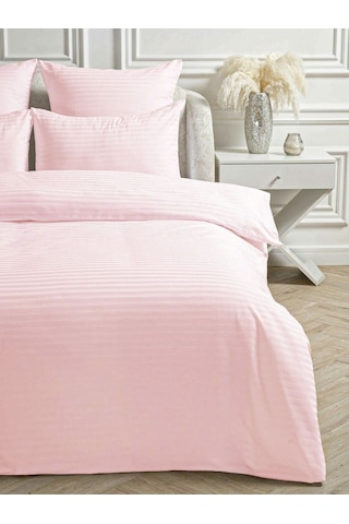 Line Pembe Pamuk Saten Çift Kişilik Nevresim Takımı Lastiksiz Çarşaflı 4 Parça Set Pembe