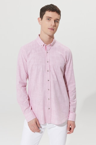 Ac&Co / Altınyıldız Classics Erkek Bordo Slim Fit Dar Kesim Düğmeli Yaka Keten Görünümlü %100 Pamuk Flamlı Gömlek Bordo