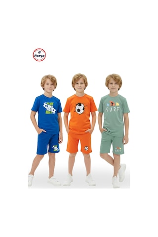 Fyk Kids 3'lü Bisiklet Yaka Baskı Detaylı Renkli Kaprili Erkek Çocuk 6 Parça Alt Üst Takım Sax-turuncu-mint