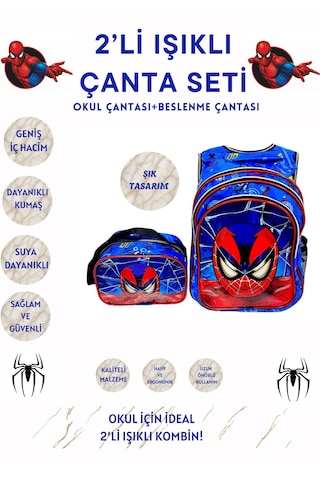 Spiderman Işıklı İlkokul Çantası 2 Li Takım Mavi