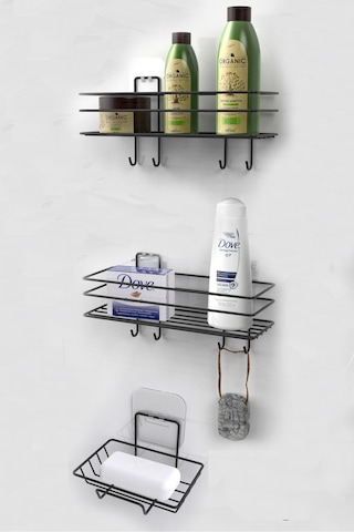 Karteya 3'lü Banyo Seti Yapışkanlı Paslanmaz Banyo Sabunluk Duşakabin Rafı Şampuanlık Banyo Düzenleyici Siyah