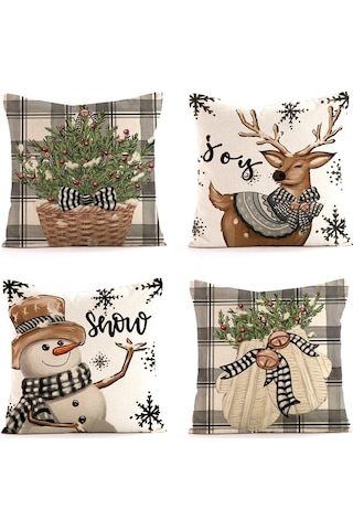 Konesam Noel Baskılı Kumaş Yastık Kılıfı - Kuzgun Ve Geyik Desenli, Ev Araba Koltuk Dekoru, Pamuklu 45x45 Cm, Tek Kılıf Ct196-3 Diğer
