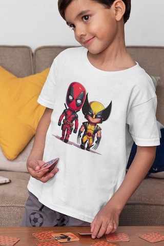 Sevbano Deadpool Wolverine Baskılı Unisex Kahramanlar Film Çocuk Tişört Beyaz