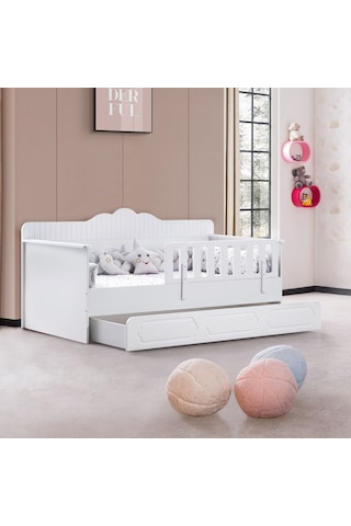 Flower Çocuk Odası Takımı, Flower Yavrulu Karyola, 3 Kapaklı Dolap, Şifonyer - Beyaz Renkli