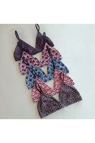 Bonbon Kadın Balensiz Desteksiz Üçgen Bralet 5 Renk 5'li Paket Leopar Mavi Pembe Çiçek Geometri Desenli Sütyen Bb2818 Desen2