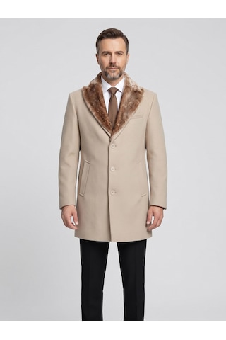 Plus Scorpion Erkek Uzun Kaşe Kaban Çıkartılabilir Kürk Yaka, Astarlı Ve Cepli Slim Fit Mont Bej