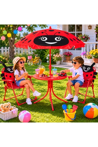 Uğur Böceği Çocuk Bahçe Masa Sandalye Ve Şemsiye Seti 2 Sandalye+1 Masa+1 Adet Şemsiye Kırmızı