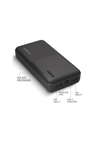 Polosmart Pbs132 Led Göstergeli 2 Usb 1 Pd Çıkışlı Taşınabilir Şarj Cihazı Powerbank Antrasit Antrasit
