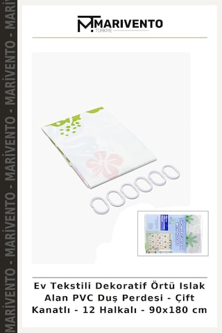 Ev Tekstili Dekoratif Örtü Islak Alan Pvc Duş Perdesi - Çift Kanatlı - 12 Halkalı - 90x180 Cm Çok Renkli