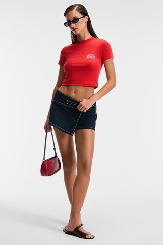 ETHIQUET MIREZA Kadın Baskı Detaylı Slim Fit Kısa Kollu Yuvarlak Yaka Kırmızı T-Shirt