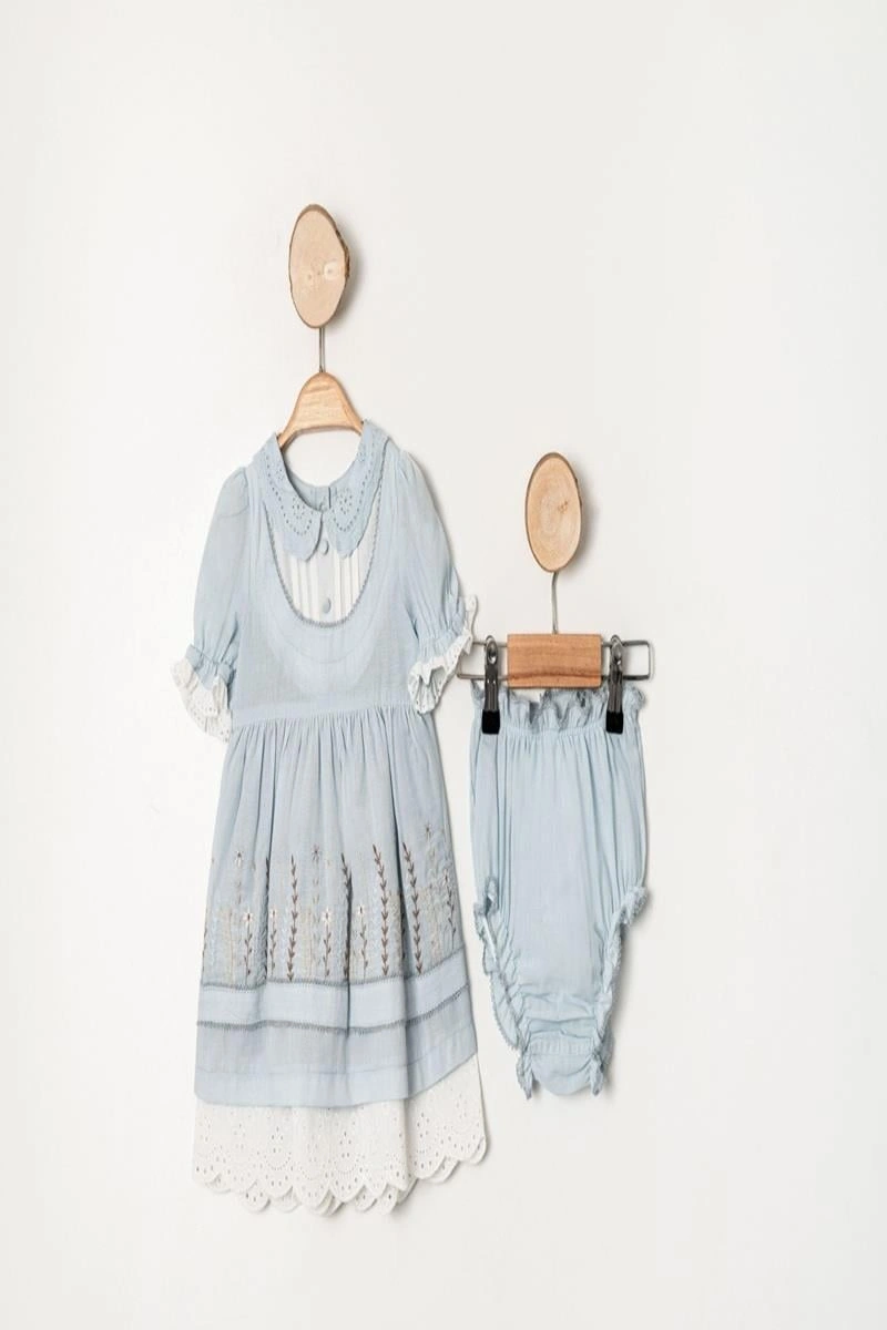 Kız Bebek Mavi Çiçek İşlemeli Fistolu Elbise Kilotlu Takım-1351 Mavi