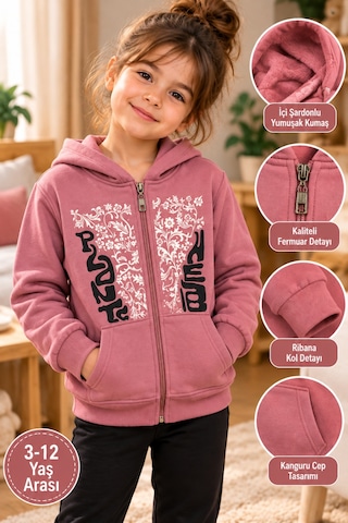 Üç Gül Ticaret Kız Çocuk 3-12 Yaş Kapüşonlu Fermuarlı Sweatshirt İçi Şardonlu Pembe