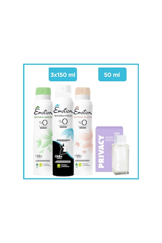 Emotion Invisible Fresh + Natural Bloom + Natural Breeze Kadın Sprey Deodorant 3 x 150 ML + Privacy Limited Edition Kadın Parfüm EDP 50 ML