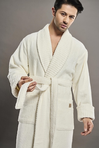 Yaka Fitilli %100 Organik Cotton Cotton Erkek Bornozu Krem