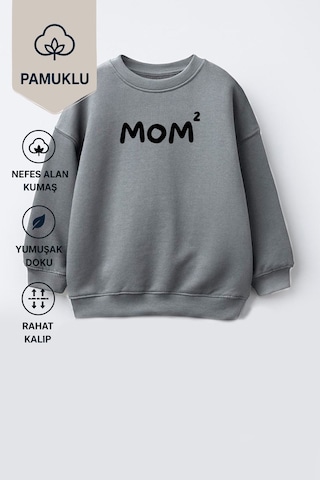 Monila Unisex Çocuk Anne Baskılı 3 İplik Kumaş Pamuklu Sweatshirt Gri Siyah